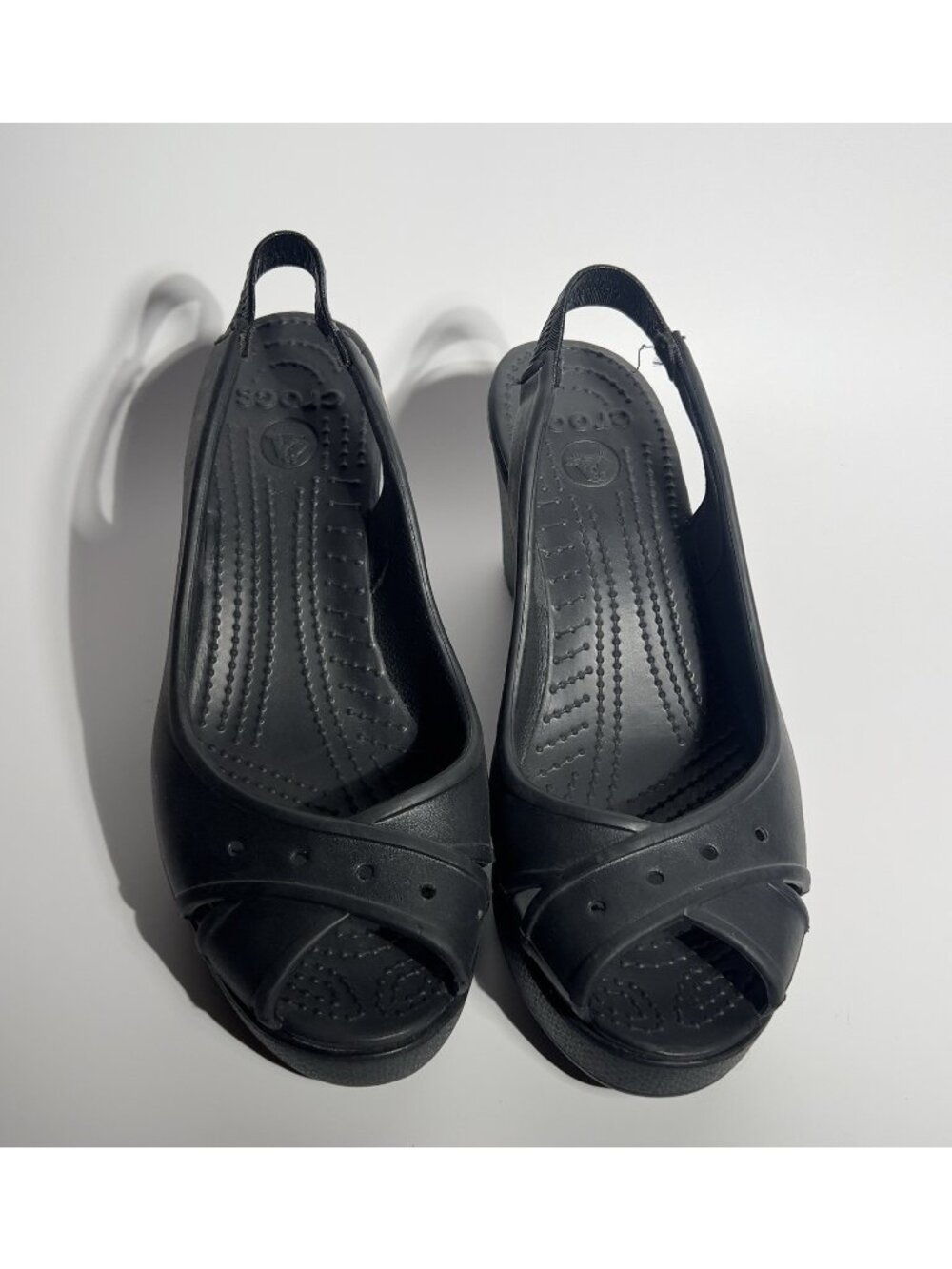 Crocs Women’s Black Peep Toe Wedge Sandals Size 8 Slingback Comfort